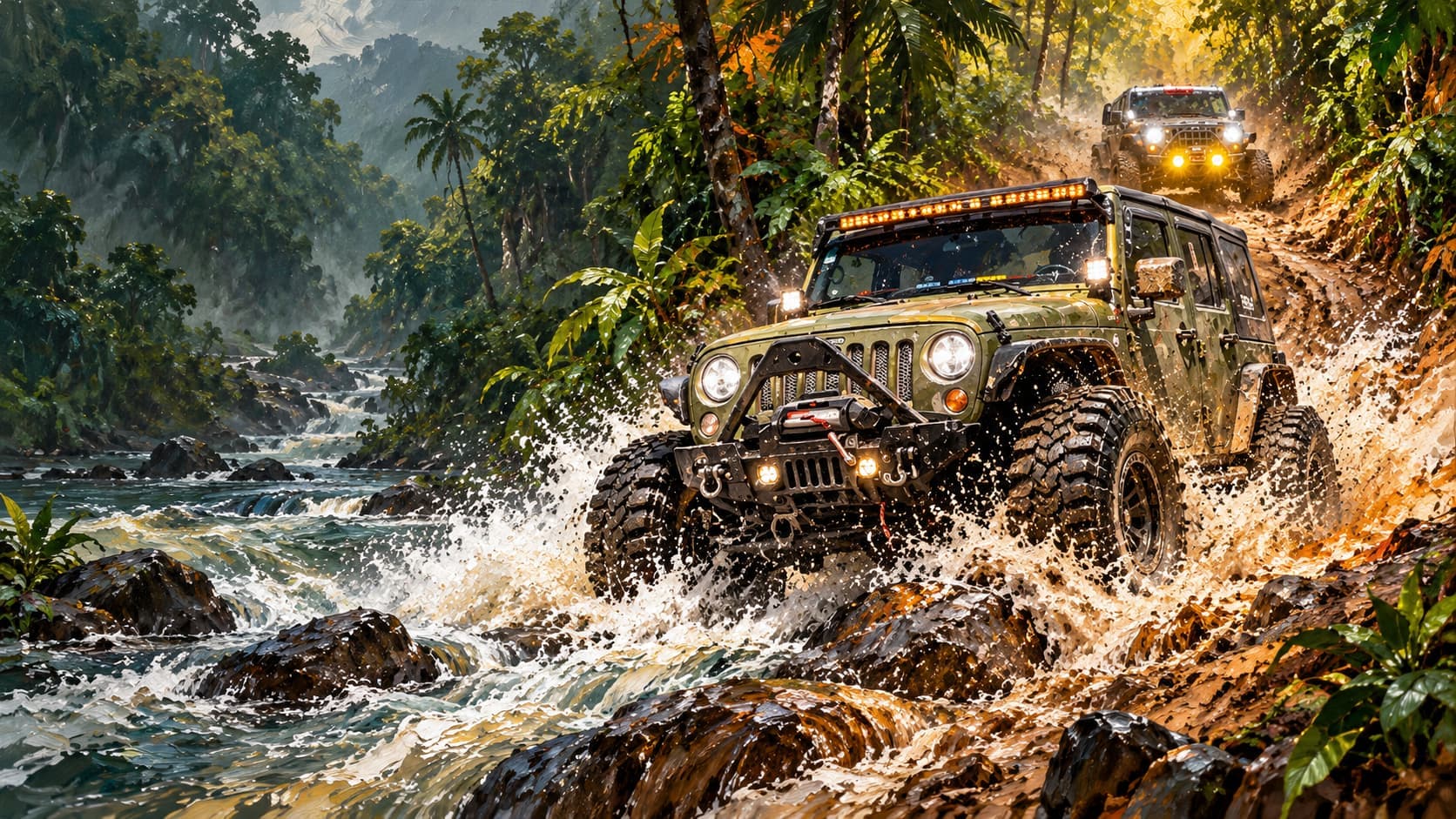 Convoy de 4x4 cruzando una ruta de montaña tropical (horizontal, alta resolución)